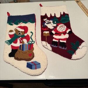 Vintage Needlepoint Christmas Stocking Santa Presents Teddy Bear Red  Back Lot 2